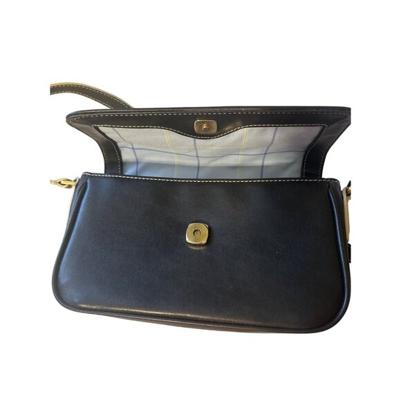 Liz Claiborne Black Leather Shoulder Bag With Plaid Lining & Magnetic Closure - Picture 2 of 4